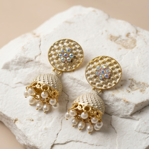 Home gold plated pearl jhumka earrings